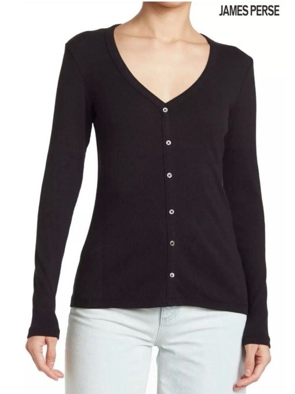 Standard James Perse Size 2 black long sleeve ribbed button down henley Boho